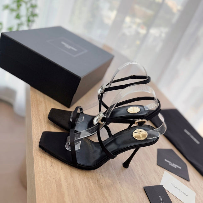HIGH HEEL SANDAL 10 CM IN BLACK SATIN CREPE AND CRYSTAL