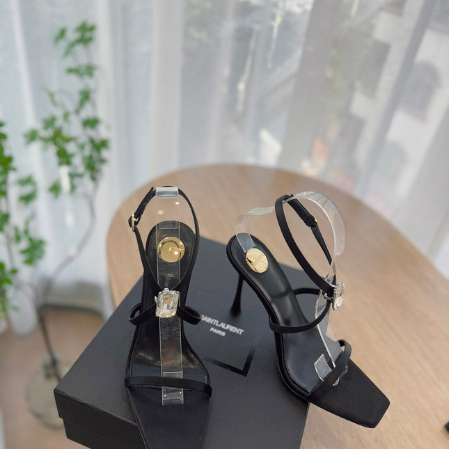 HIGH HEEL SANDAL 10 CM IN BLACK SATIN CREPE AND CRYSTAL