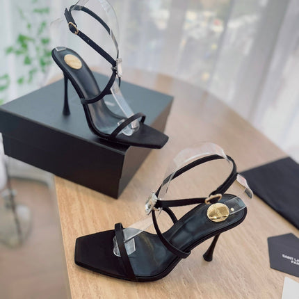HIGH HEEL SANDAL 10 CM IN BLACK SATIN CREPE AND CRYSTAL