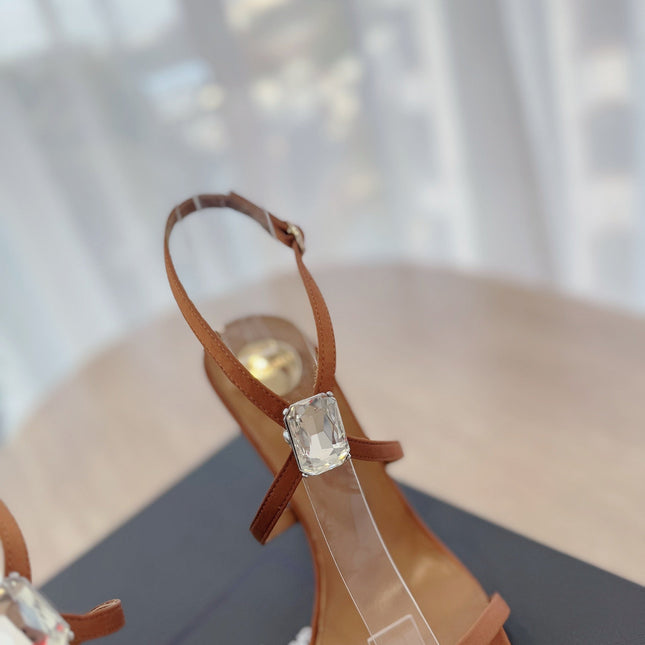 HIGH HEEL SANDAL 10 CM IN BRONZE BROWN SATIN CREPE AND CRYSTAL