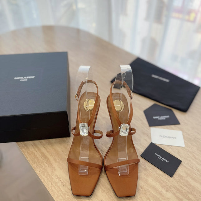 HIGH HEEL SANDAL 10 CM IN BRONZE BROWN SATIN CREPE AND CRYSTAL