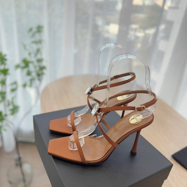 HIGH HEEL SANDAL 10 CM IN BRONZE BROWN SATIN CREPE AND CRYSTAL