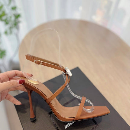 HIGH HEEL SANDAL 10 CM IN BRONZE BROWN SATIN CREPE AND CRYSTAL