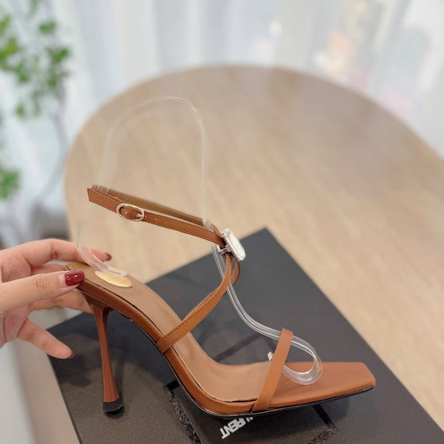 HIGH HEEL SANDAL 10 CM IN BRONZE BROWN SATIN CREPE AND CRYSTAL