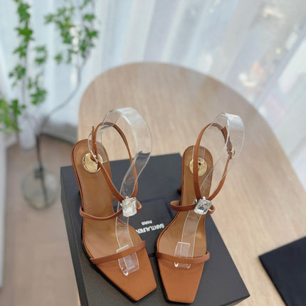 HIGH HEEL SANDAL 10 CM IN BRONZE BROWN SATIN CREPE AND CRYSTAL