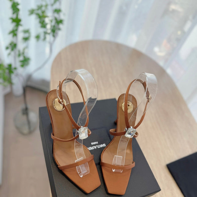 HIGH HEEL SANDAL 10 CM IN BRONZE BROWN SATIN CREPE AND CRYSTAL