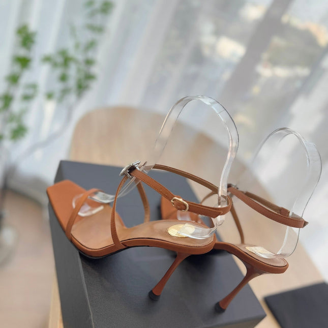 HIGH HEEL SANDAL 10 CM IN BRONZE BROWN SATIN CREPE AND CRYSTAL