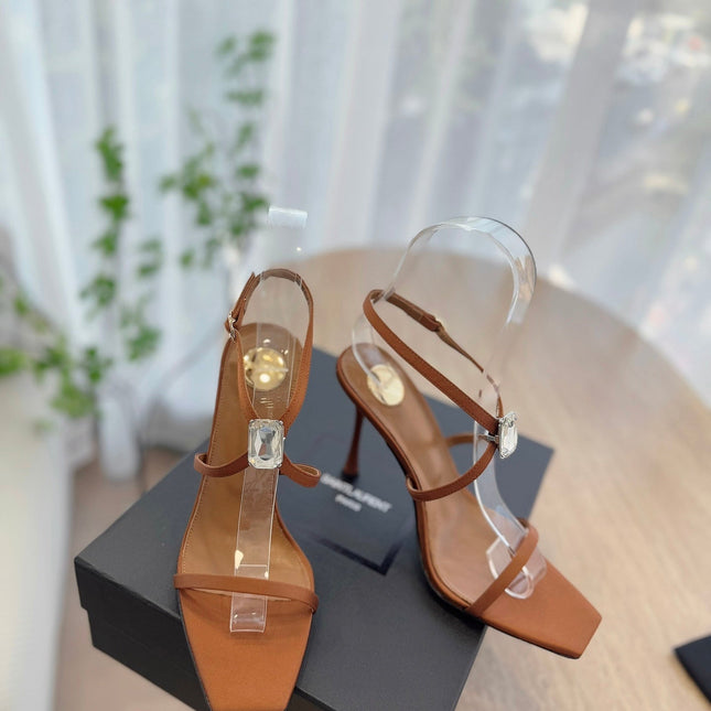 HIGH HEEL SANDAL 10 CM IN BRONZE BROWN SATIN CREPE AND CRYSTAL