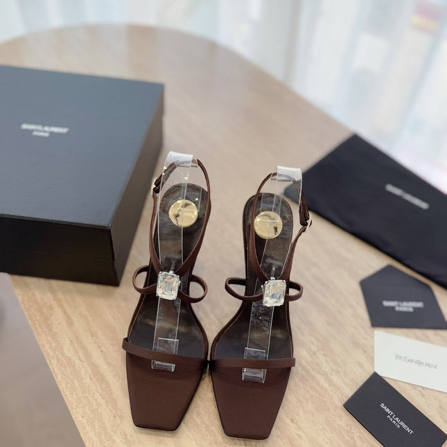 HIGH HEEL SANDAL 10 CM IN CHOCOLATE BROWN SATIN CREPE AND CRYSTAL