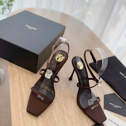 HIGH HEEL SANDAL 10 CM IN CHOCOLATE BROWN SATIN CREPE AND CRYSTAL