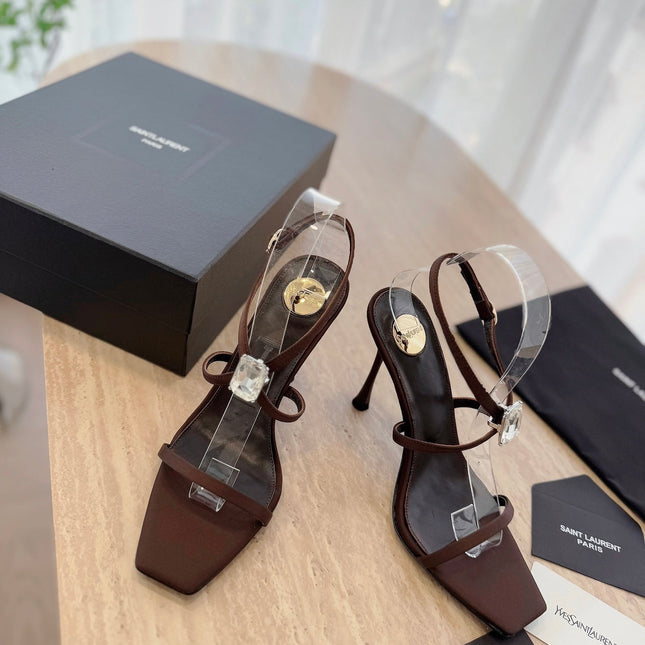 HIGH HEEL SANDAL 10 CM IN CHOCOLATE BROWN SATIN CREPE AND CRYSTAL