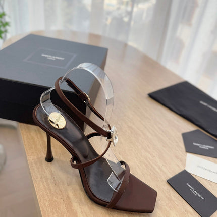 HIGH HEEL SANDAL 10 CM IN CHOCOLATE BROWN SATIN CREPE AND CRYSTAL