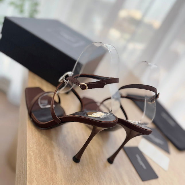 HIGH HEEL SANDAL 10 CM IN CHOCOLATE BROWN SATIN CREPE AND CRYSTAL
