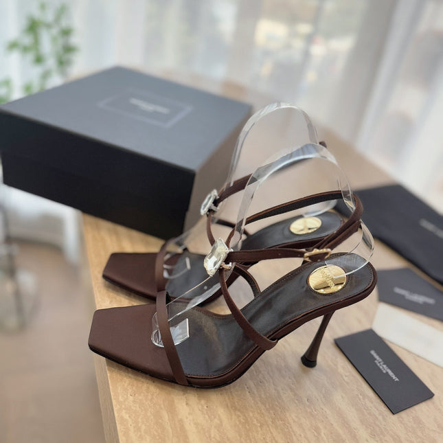 HIGH HEEL SANDAL 10 CM IN CHOCOLATE BROWN SATIN CREPE AND CRYSTAL