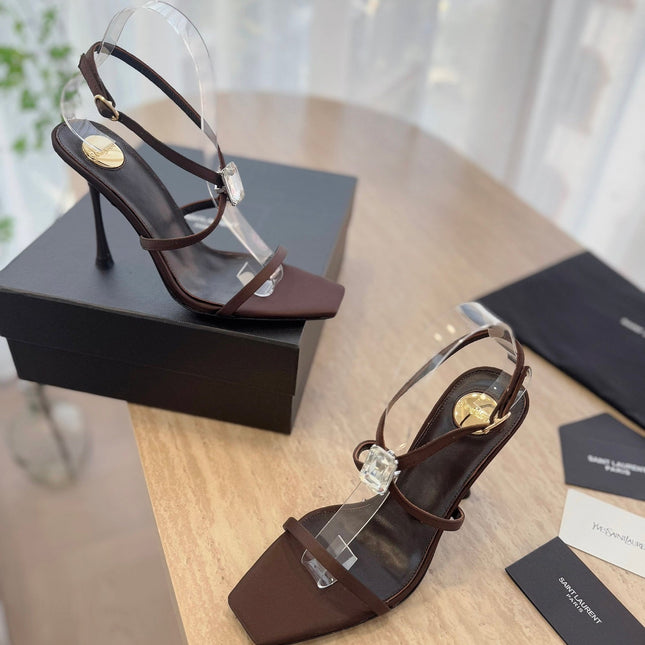 HIGH HEEL SANDAL 10 CM IN CHOCOLATE BROWN SATIN CREPE AND CRYSTAL