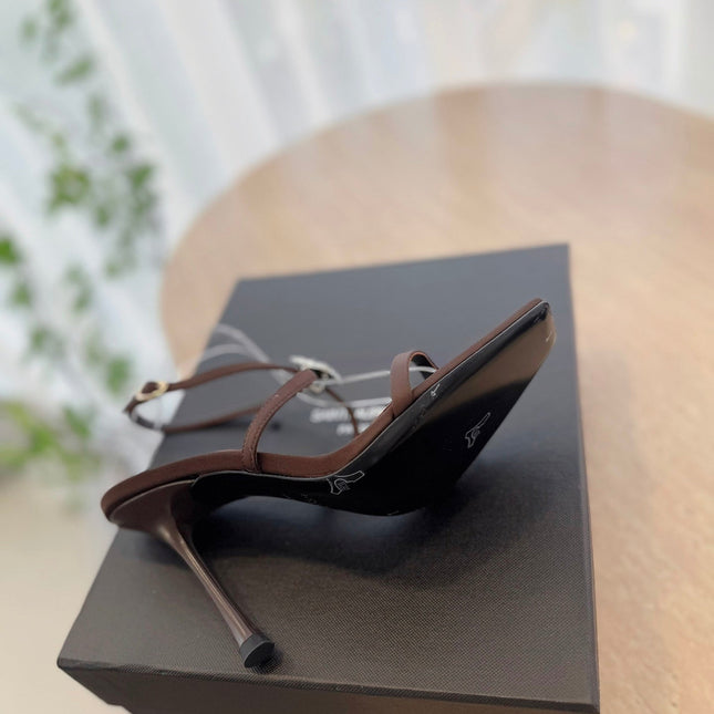 HIGH HEEL SANDAL 10 CM IN CHOCOLATE BROWN SATIN CREPE AND CRYSTAL