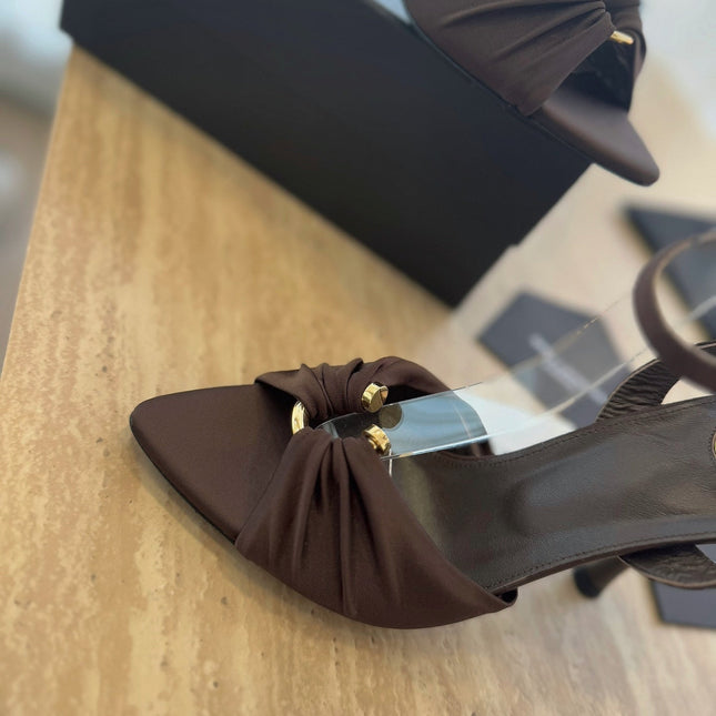 LOLA SANDAL 10 CM IN CHOCOLATE BROWN VISCOSE AND SILK