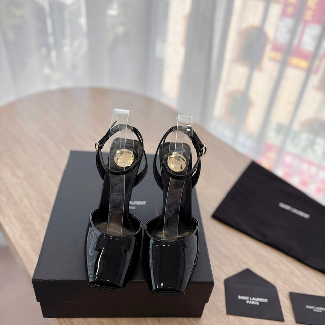LA SCANDALE HIGH 10 CM WEDGE SANDALS IN BLACK PATENT LEATHER