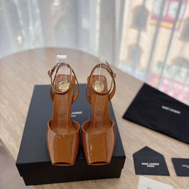 LA SCANDALE HIGH 10 CM WEDGE SANDALS IN BRONZE BROWN PATENT LEATHER
