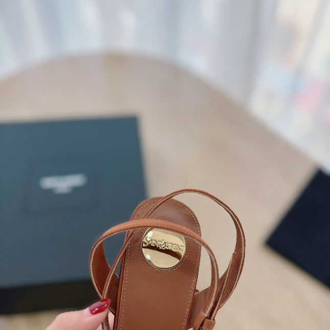 LA SCANDALE HIGH 10 CM WEDGE SANDALS IN BRONZE BROWN PATENT LEATHER
