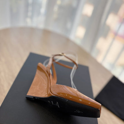 LA SCANDALE HIGH 10 CM WEDGE SANDALS IN BRONZE BROWN PATENT LEATHER