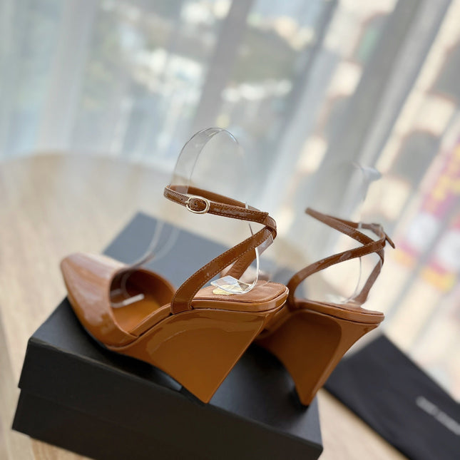 LA SCANDALE HIGH 10 CM WEDGE SANDALS IN BRONZE BROWN PATENT LEATHER