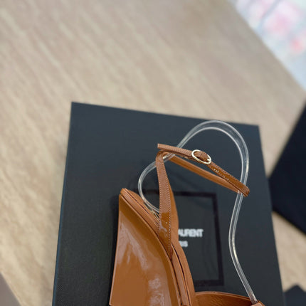 LA SCANDALE HIGH 10 CM WEDGE SANDALS IN BRONZE BROWN PATENT LEATHER