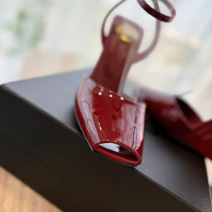 LA SCANDALE HIGH 10 CM WEDGE SANDALS IN CRIMSON RED PATENT LEATHER