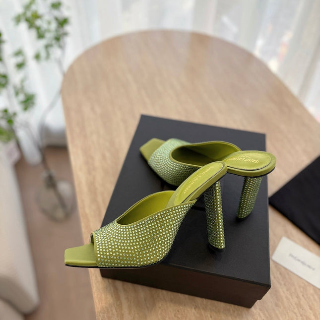HIGH HEEL BLONDE MULE 10 CM IN OLIVE GREEN SATIN WITH RHINESTONES