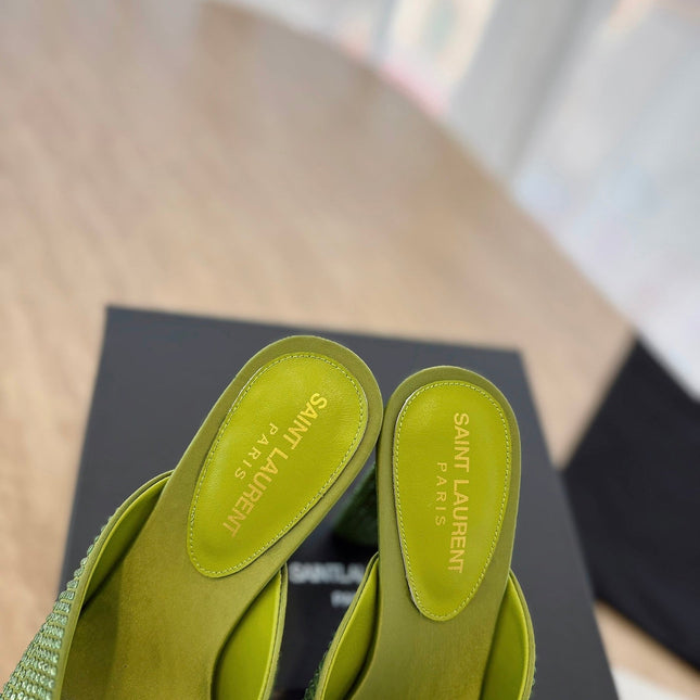 HIGH HEEL BLONDE MULE 10 CM IN OLIVE GREEN SATIN WITH RHINESTONES