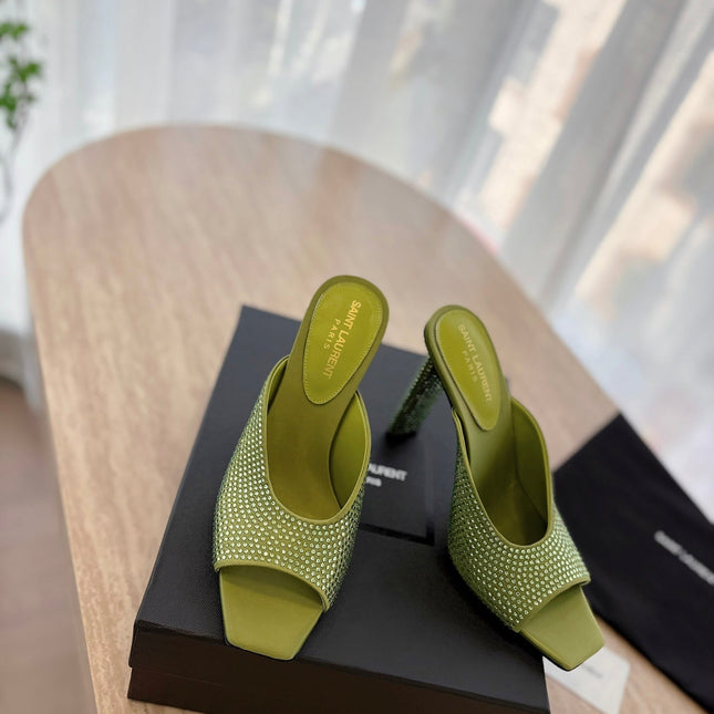 HIGH HEEL BLONDE MULE 10 CM IN OLIVE GREEN SATIN WITH RHINESTONES