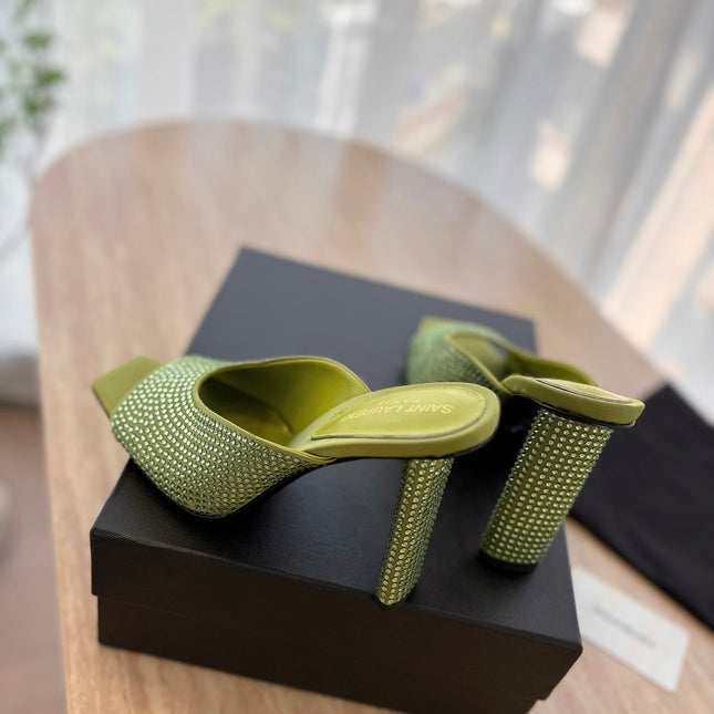 HIGH HEEL BLONDE MULE 10 CM IN OLIVE GREEN SATIN WITH RHINESTONES