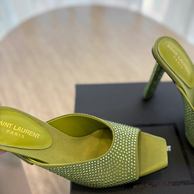 HIGH HEEL BLONDE MULE 10 CM IN OLIVE GREEN SATIN WITH RHINESTONES