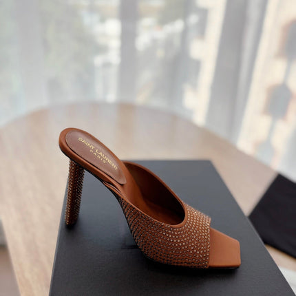 HIGH HEEL BLONDE MULE 10 CM IN BRONZE BROWN SATIN WITH RHINESTONES