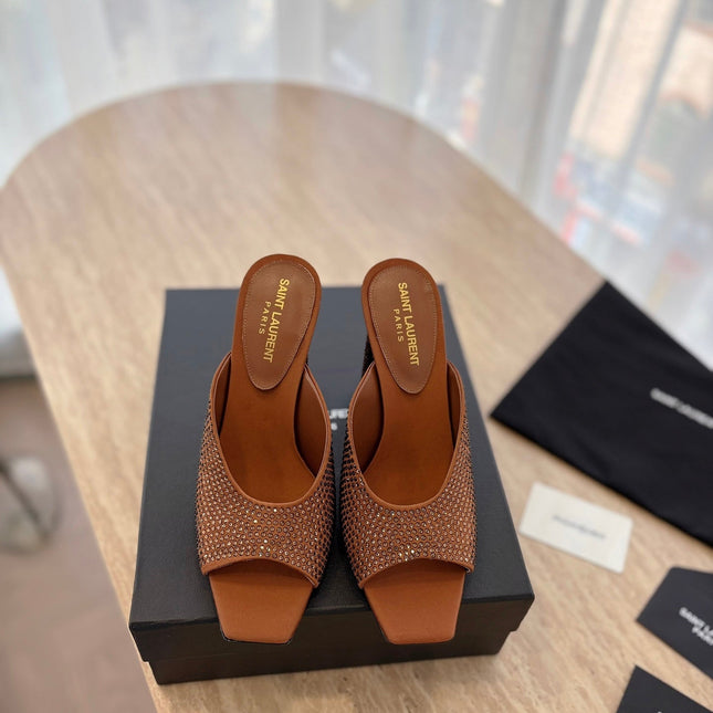 HIGH HEEL BLONDE MULE 10 CM IN BRONZE BROWN SATIN WITH RHINESTONES
