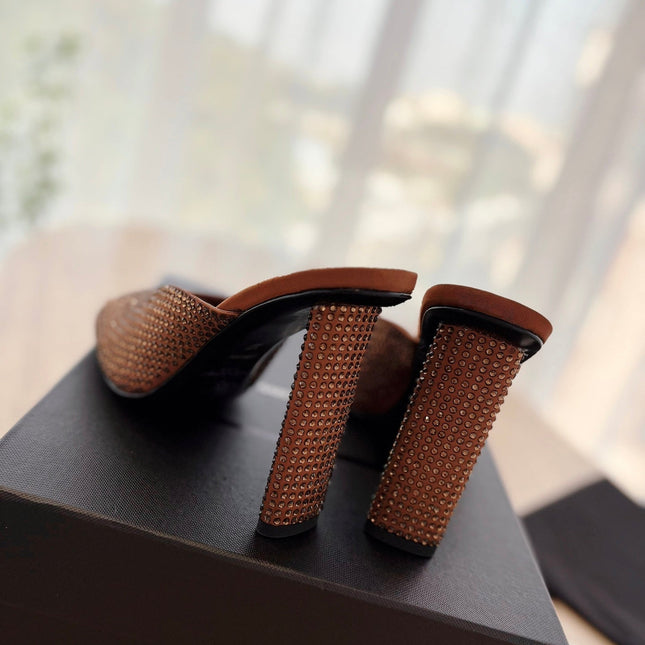 HIGH HEEL BLONDE MULE 10 CM IN BRONZE BROWN SATIN WITH RHINESTONES