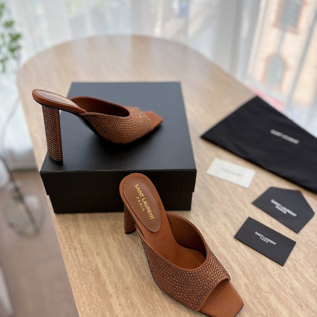 HIGH HEEL BLONDE MULE 10 CM IN BRONZE BROWN SATIN WITH RHINESTONES