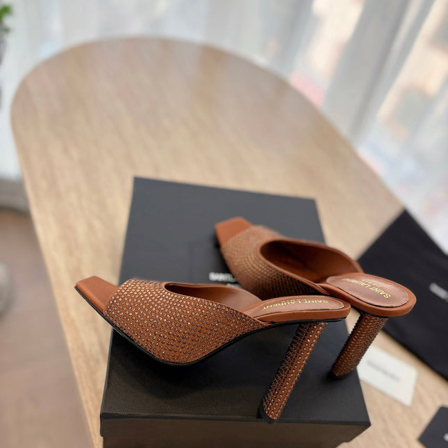 HIGH HEEL BLONDE MULE 10 CM IN BRONZE BROWN SATIN WITH RHINESTONES