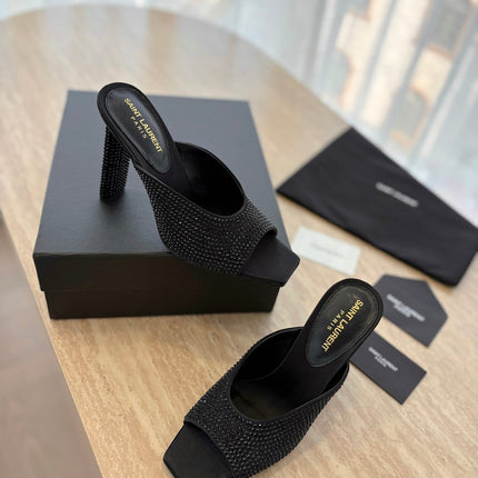 HIGH HEEL BLONDE MULE 10 CM IN BLACK SATIN WITH RHINESTONES