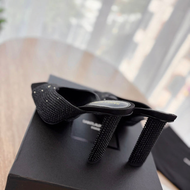 HIGH HEEL BLONDE MULE 10 CM IN BLACK SATIN WITH RHINESTONES