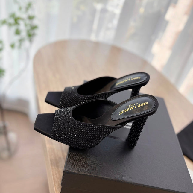 HIGH HEEL BLONDE MULE 10 CM IN BLACK SATIN WITH RHINESTONES