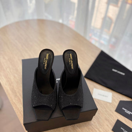 HIGH HEEL BLONDE MULE 10 CM IN BLACK SATIN WITH RHINESTONES