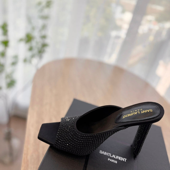 HIGH HEEL BLONDE MULE 10 CM IN BLACK SATIN WITH RHINESTONES