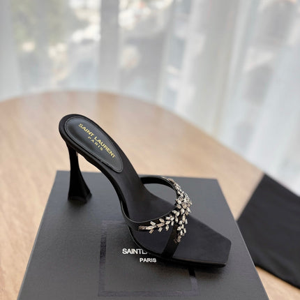 RAV HIGH HEEL 10 CM EMBELLISHED BLACK SATIN MULES