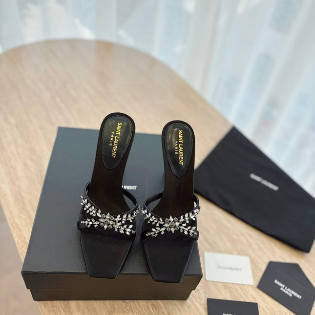 RAV HIGH HEEL 10 CM EMBELLISHED BLACK SATIN MULES