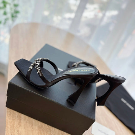 RAV HIGH HEEL 10 CM EMBELLISHED BLACK SATIN MULES