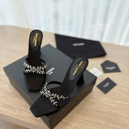 RAV HIGH HEEL 10 CM EMBELLISHED BLACK SATIN MULES