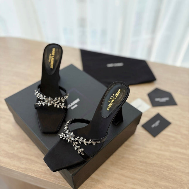 RAV HIGH HEEL 10 CM EMBELLISHED BLACK SATIN MULES