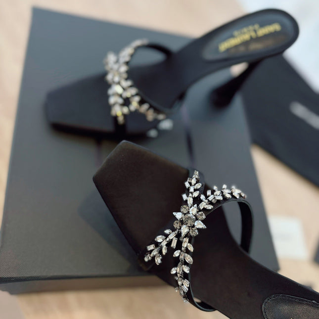 RAV HIGH HEEL 10 CM EMBELLISHED BLACK SATIN MULES