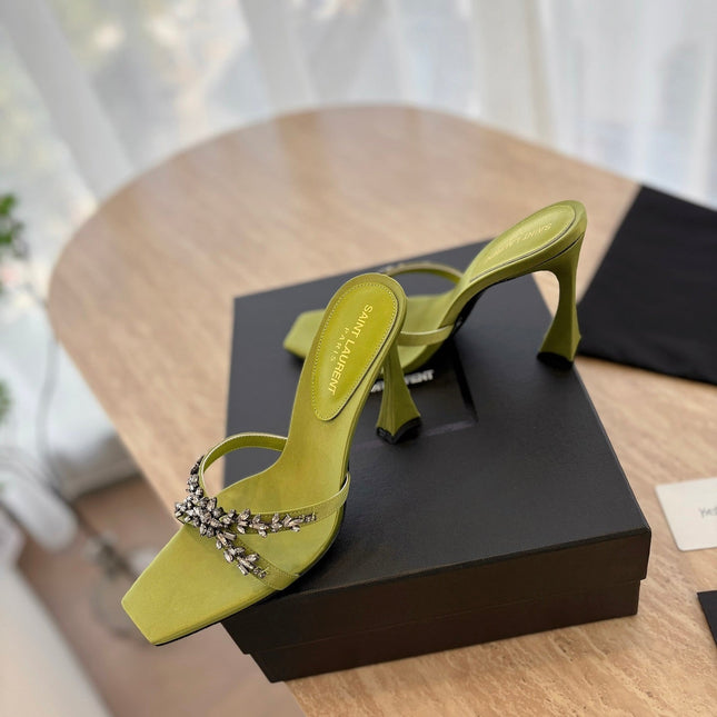 RAV HIGH HEEL 10 CM EMBELLISHED OLIVE GREEN SATIN MULES